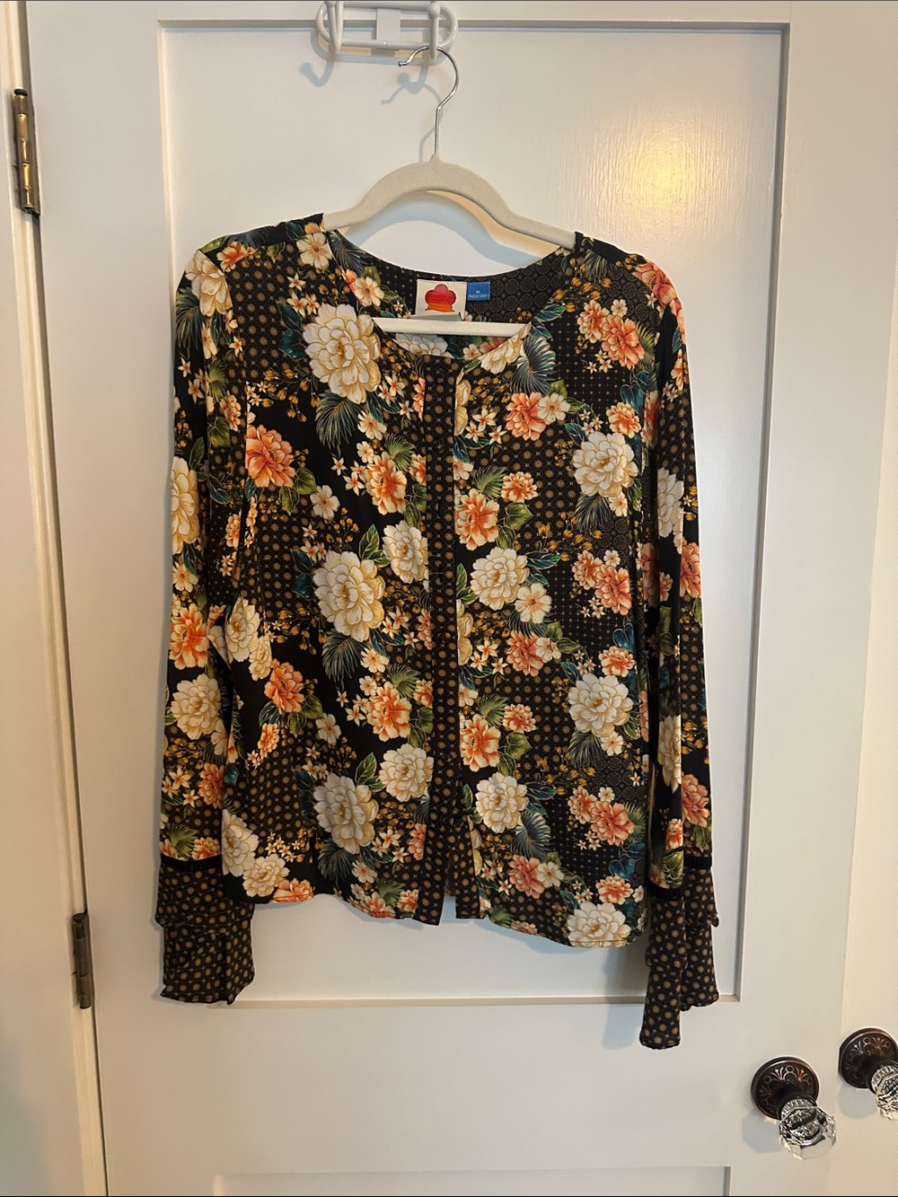FARM Rio Black Floral Button-Front Blouse with Cream & Orange Flowers